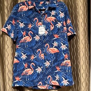NWT Havana Jim Blue and White Flamingo Button-Up Shirt Medium